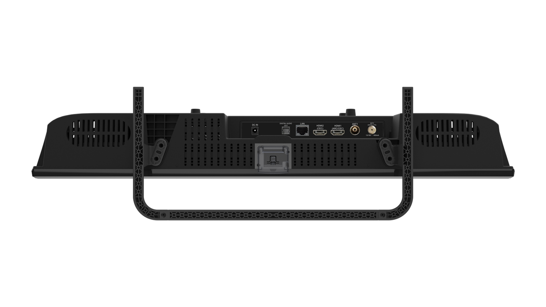 Schwarze TV-Rückwand mit Anschlüssen für Digitalaudio, LAN, HDMI und Antenne sowie einem Griff.