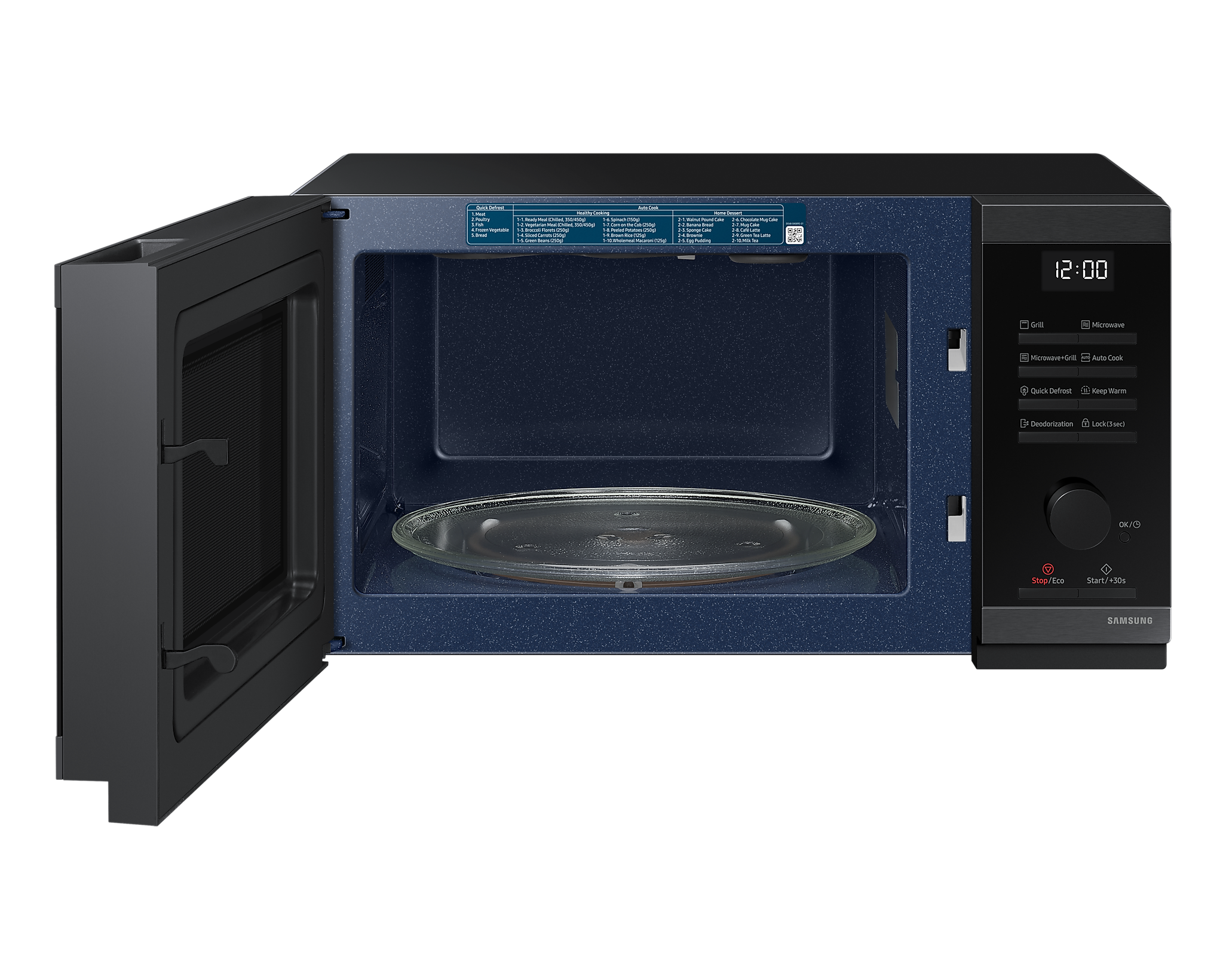 Un forno a microonde con la porta aperta. L'interno è blu scuro con un piatto di vetro.