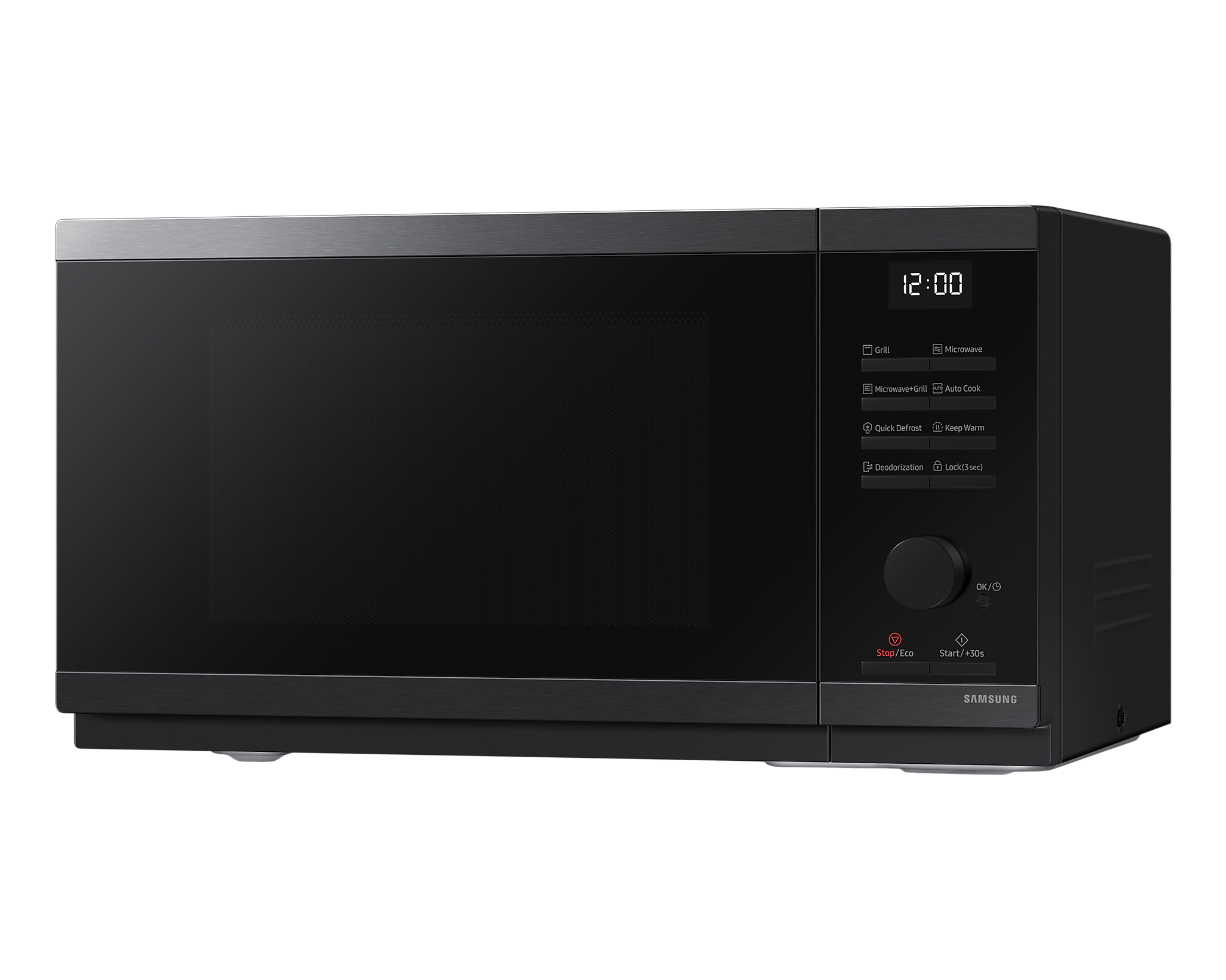Forno a microonde nero con orologio digitale e pannello di controllo. Pulsanti per diverse funzioni.