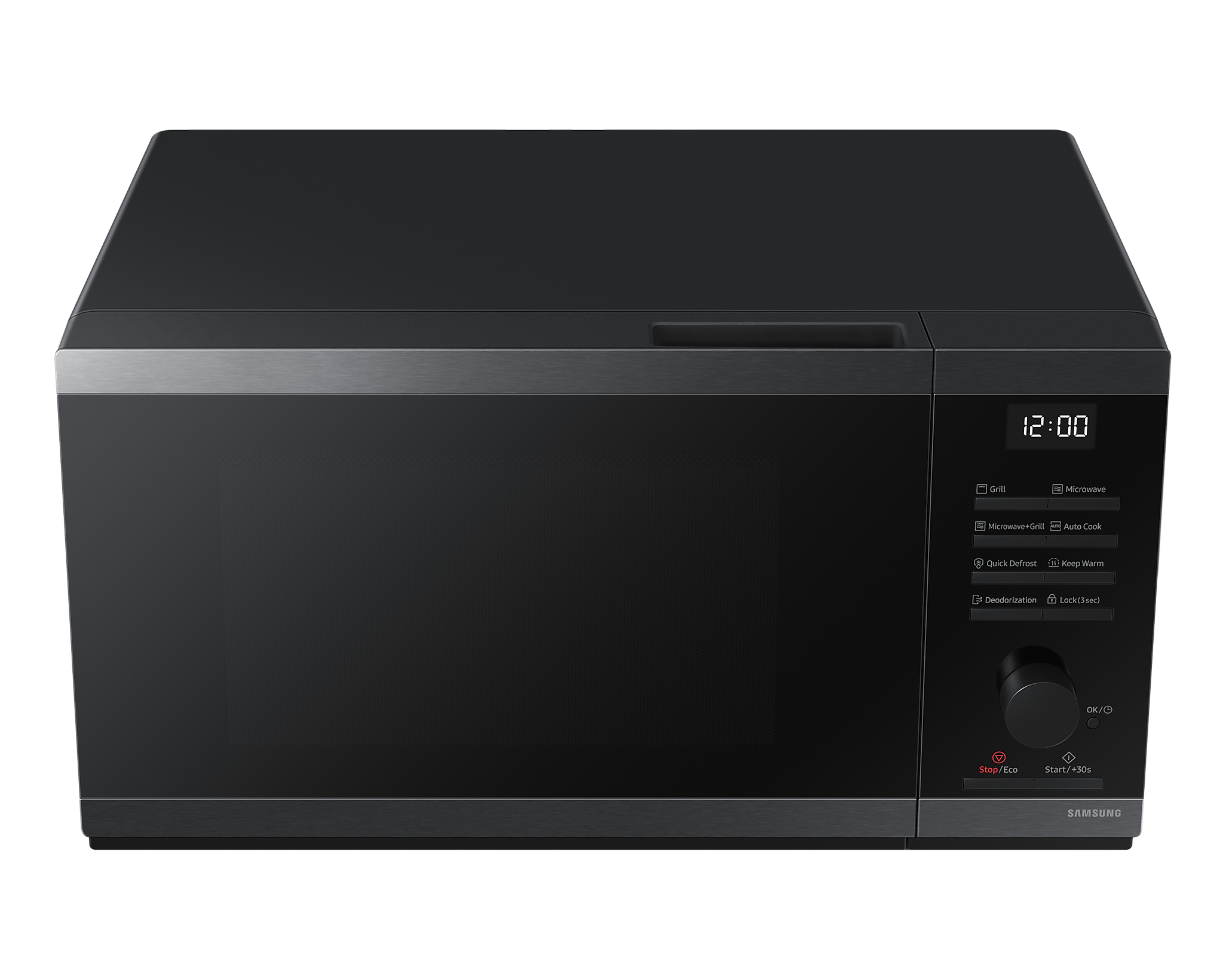 Forno a microonde nero con display digitale e pannello di controllo su superficie bianca.