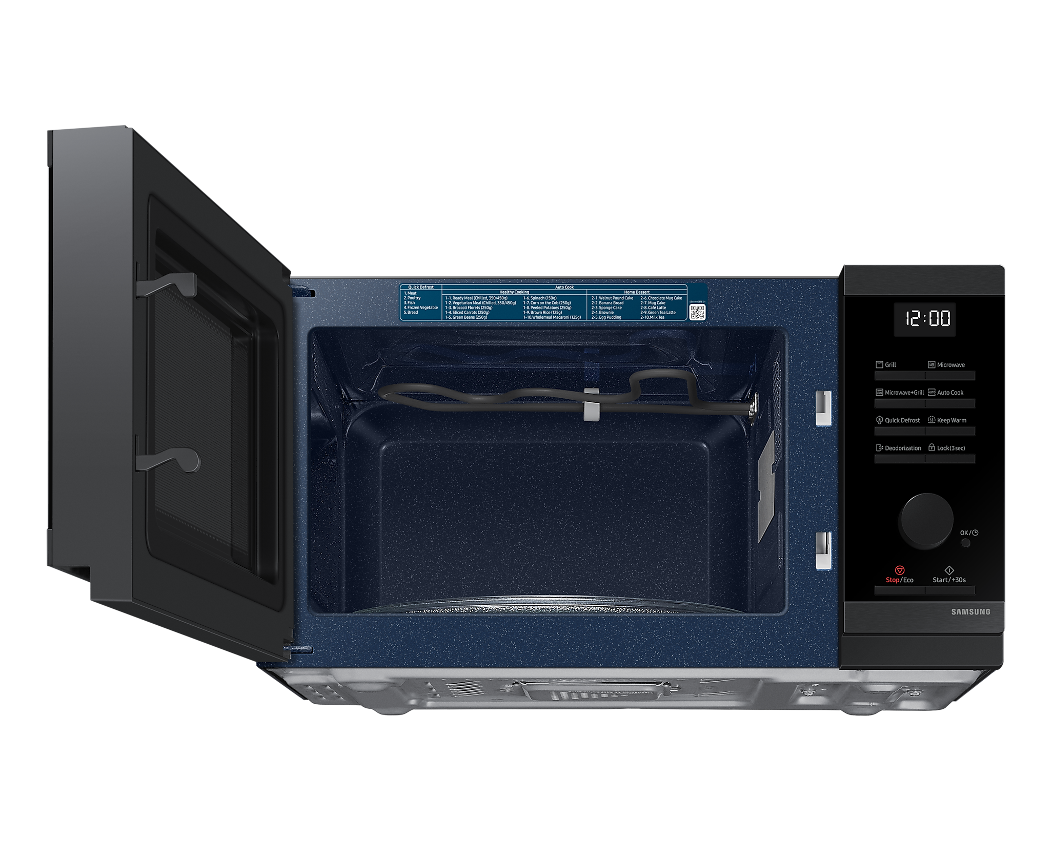 Un forno a microonde aperto, vista interna. L'interno è blu. Pannello di controllo sul lato destro. Immagine in bianco e nero.