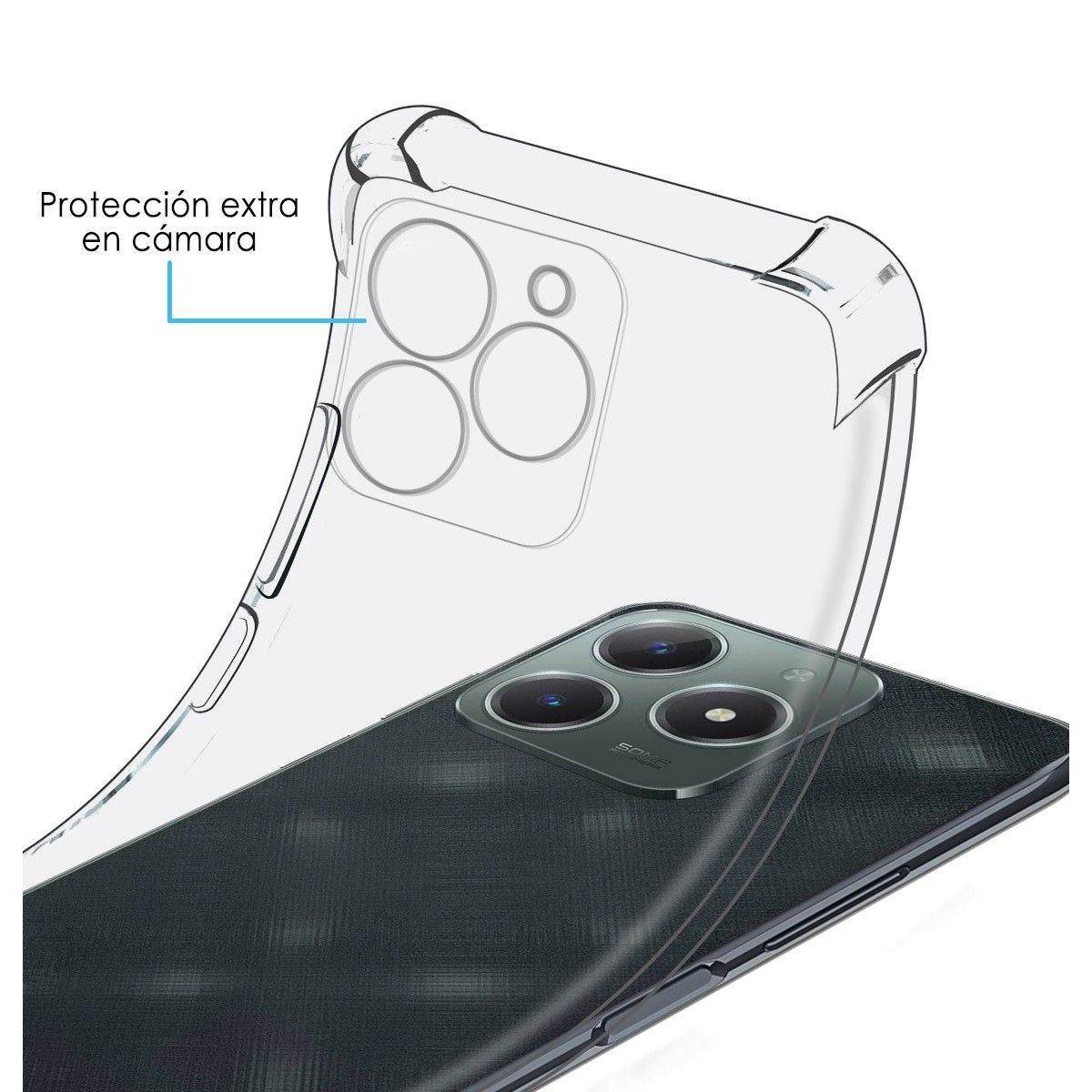 Custodia trasparente su un telefono con retro scuro e protezione della fotocamera.
