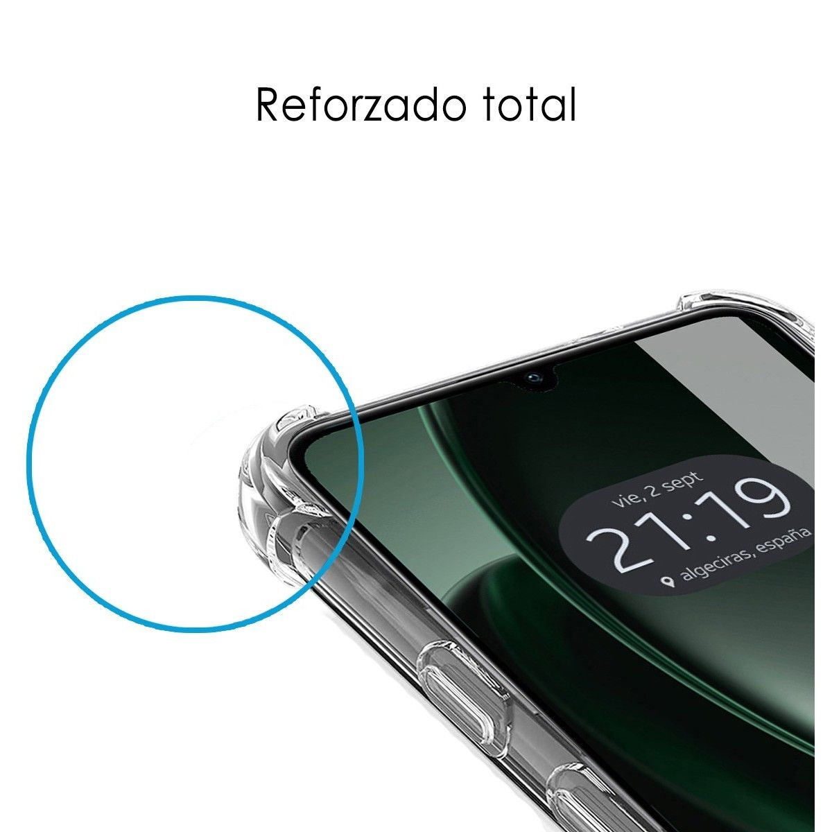 Custodia con cornice trasparente e schermo del telefono con l'ora.
