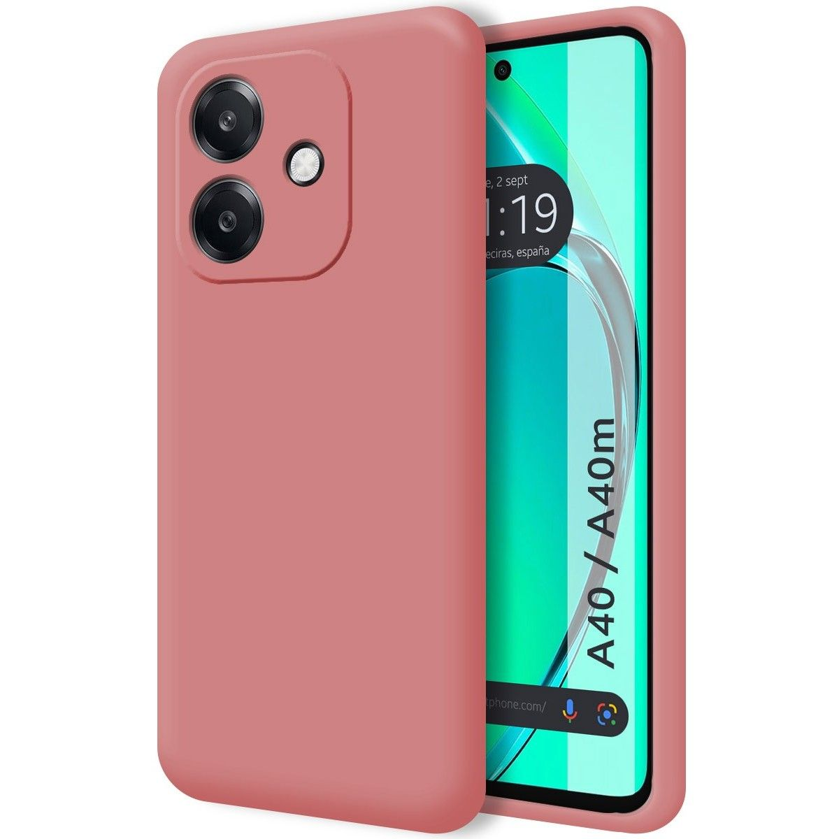 Custodia rosa su un telefono. Il telefono mostra l'ora.