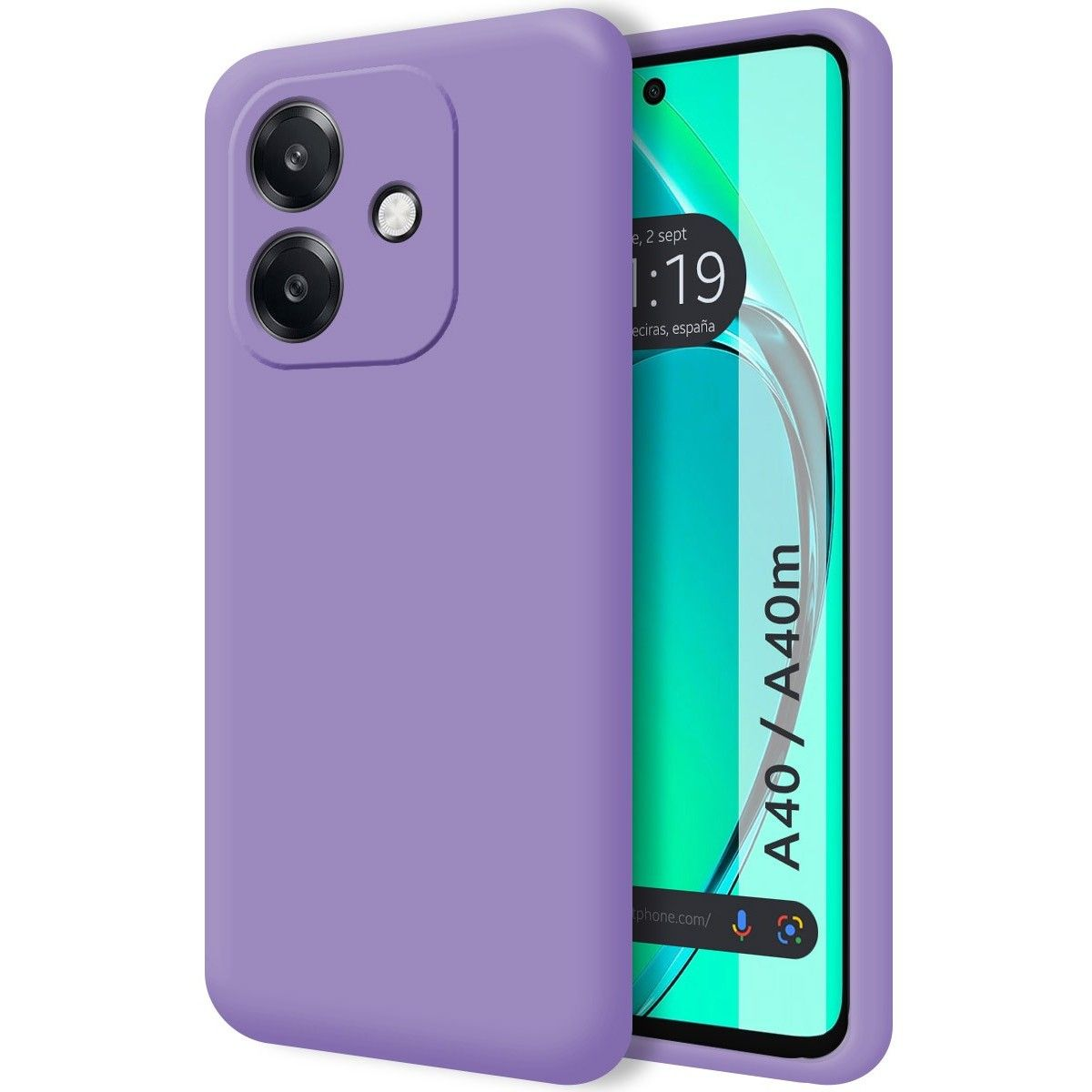 Custodia del telefono viola con un telefono. Lo schermo mostra l'ora e la posizione.