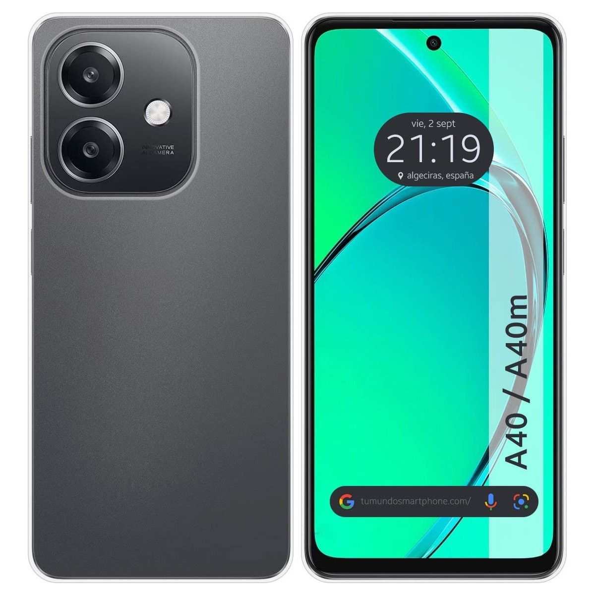 Funda de teléfono de color gris. La pantalla muestra fecha, hora y ubicación.