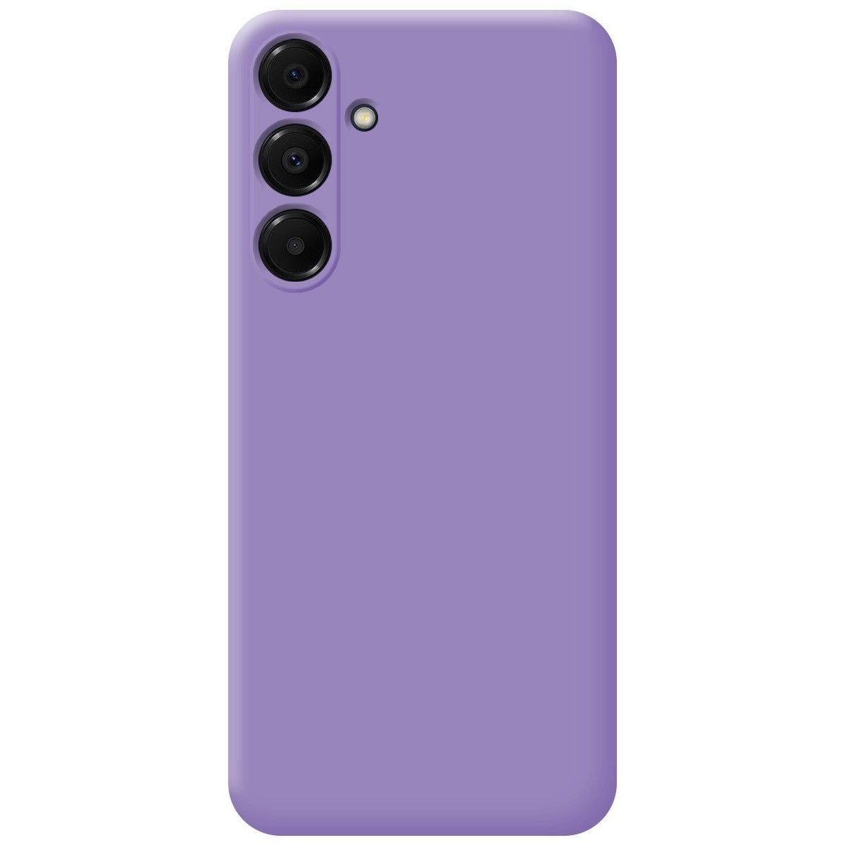 Una custodia per telefono viola con tre obiettivi della fotocamera. Il retro ha un design liscio e a tinta unita.