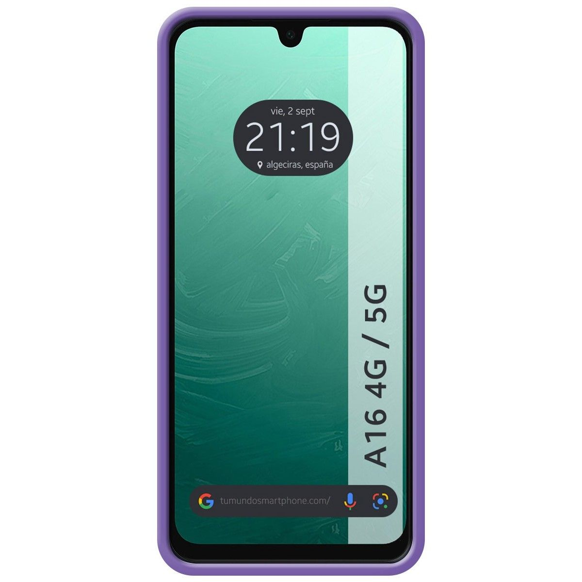 Uno smartphone con custodia viola che mostra un display dell'ora.