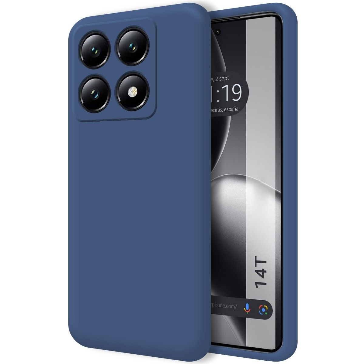 Custodia blu per telefono con lenti della fotocamera e schermo che mostra l'ora e il testo '14T Pro'.
