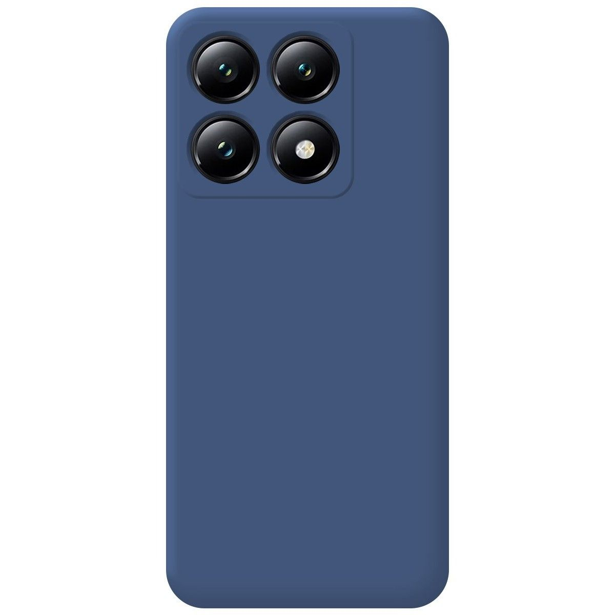 Custodia blu per telefono con più obiettivi della fotocamera. Sfondo bianco.