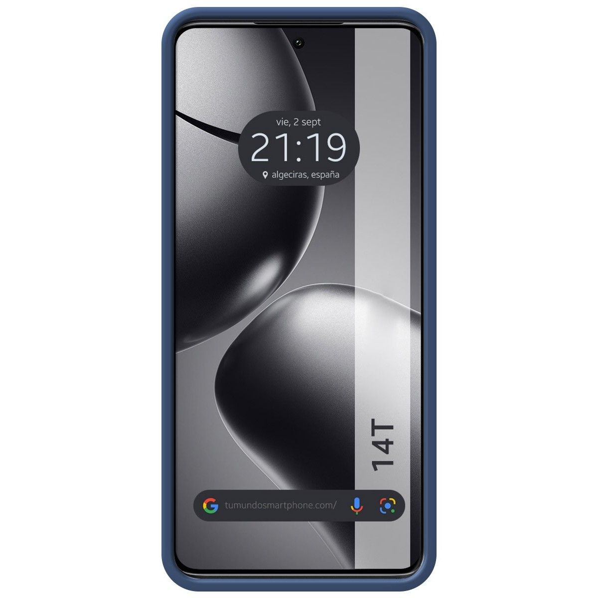 Schermo del telefono che mostra le 21:19 e la posizione di Algeciras, Spagna. La custodia è blu.
