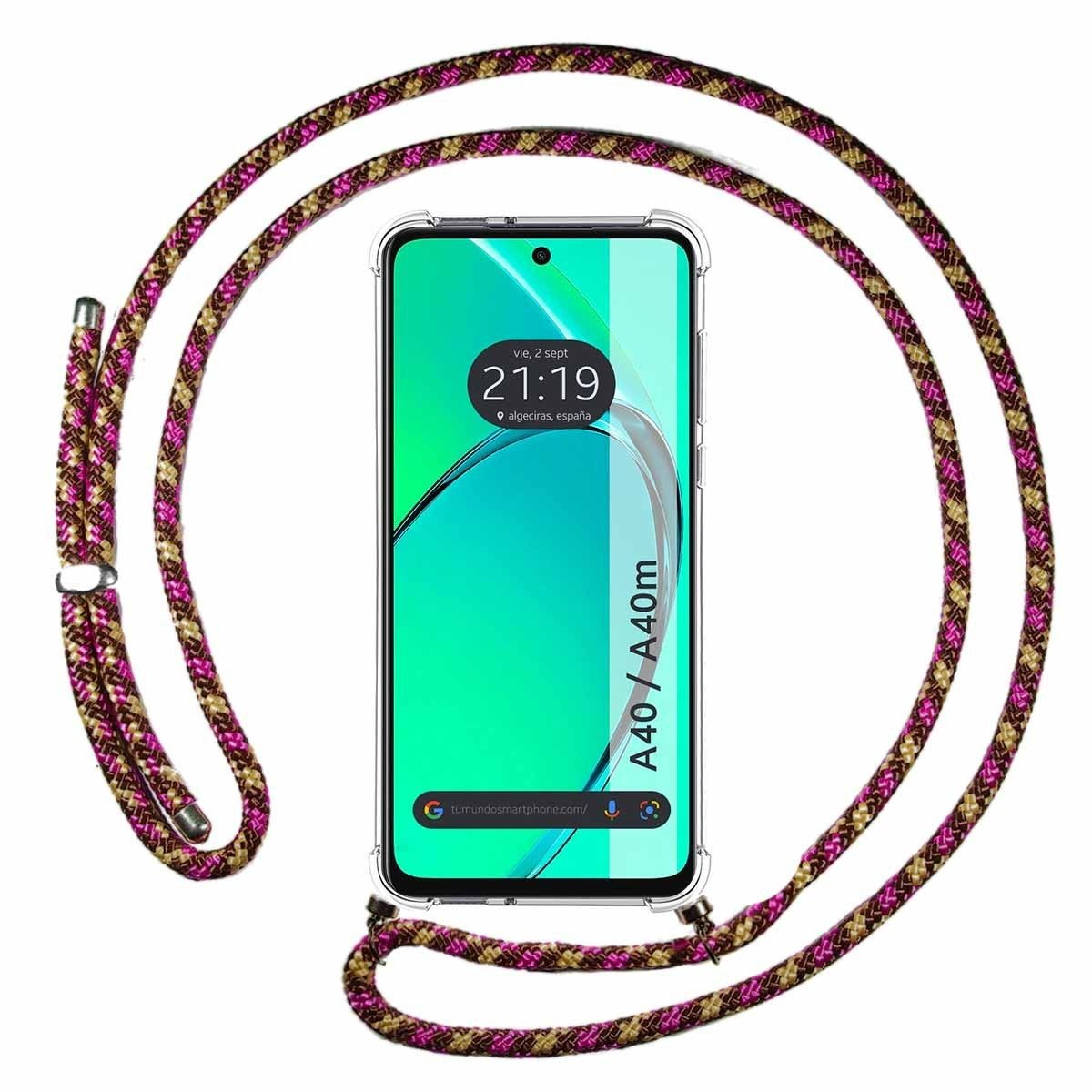 Smartphone con custodia a cordino, che mostra l'ora e la data, con cinturino colorato.