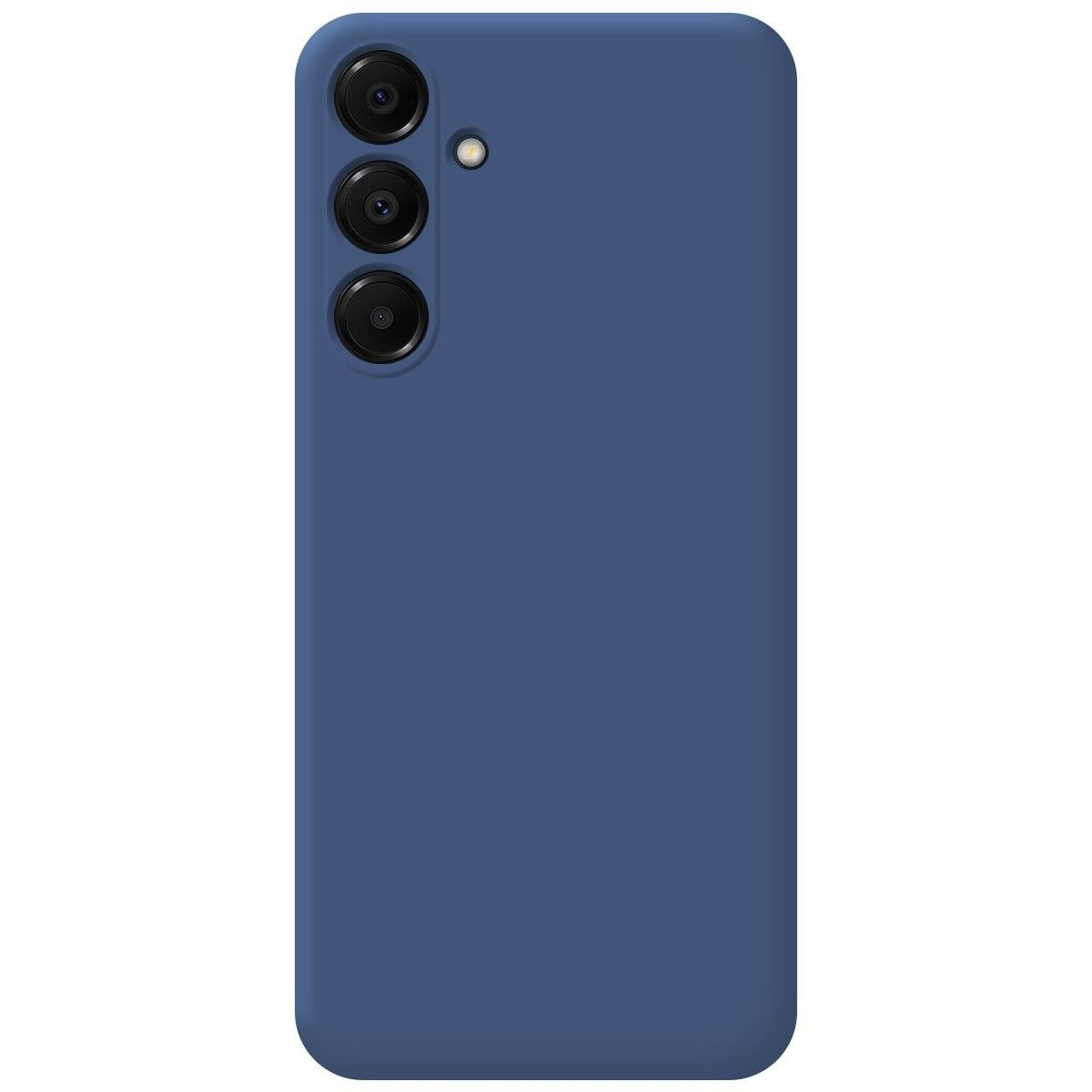 Una funda azul con tres lentes de cámara en la esquina superior izquierda.