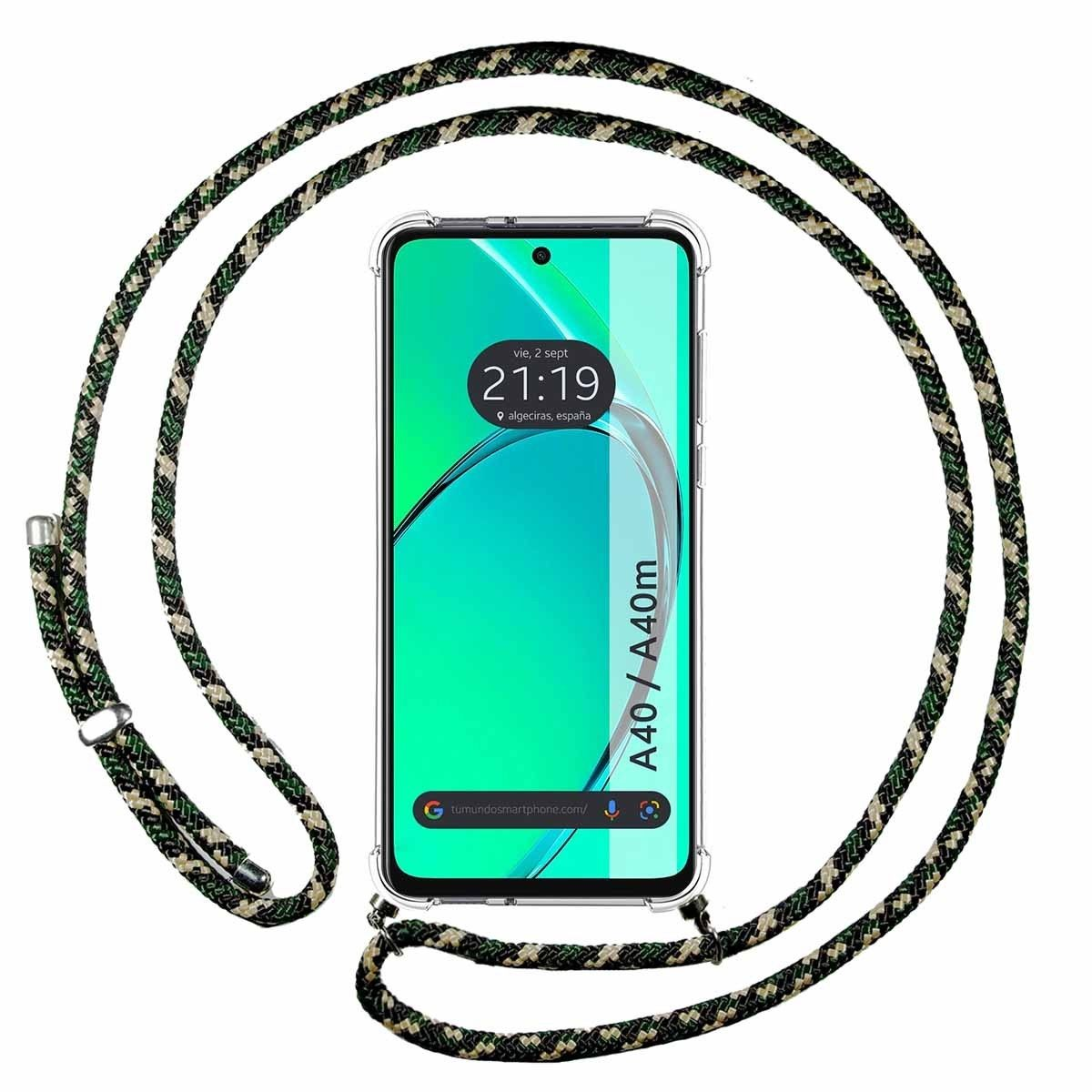 Telefono con custodia trasparente e un cinturino per telefono con motivo mimetico, che mostra l'ora.