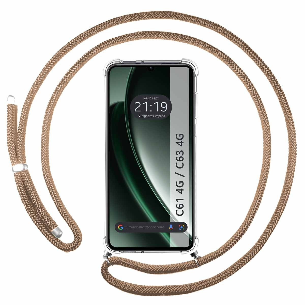 Un telefono con custodia trasparente e cordino, che mostra ora e posizione.