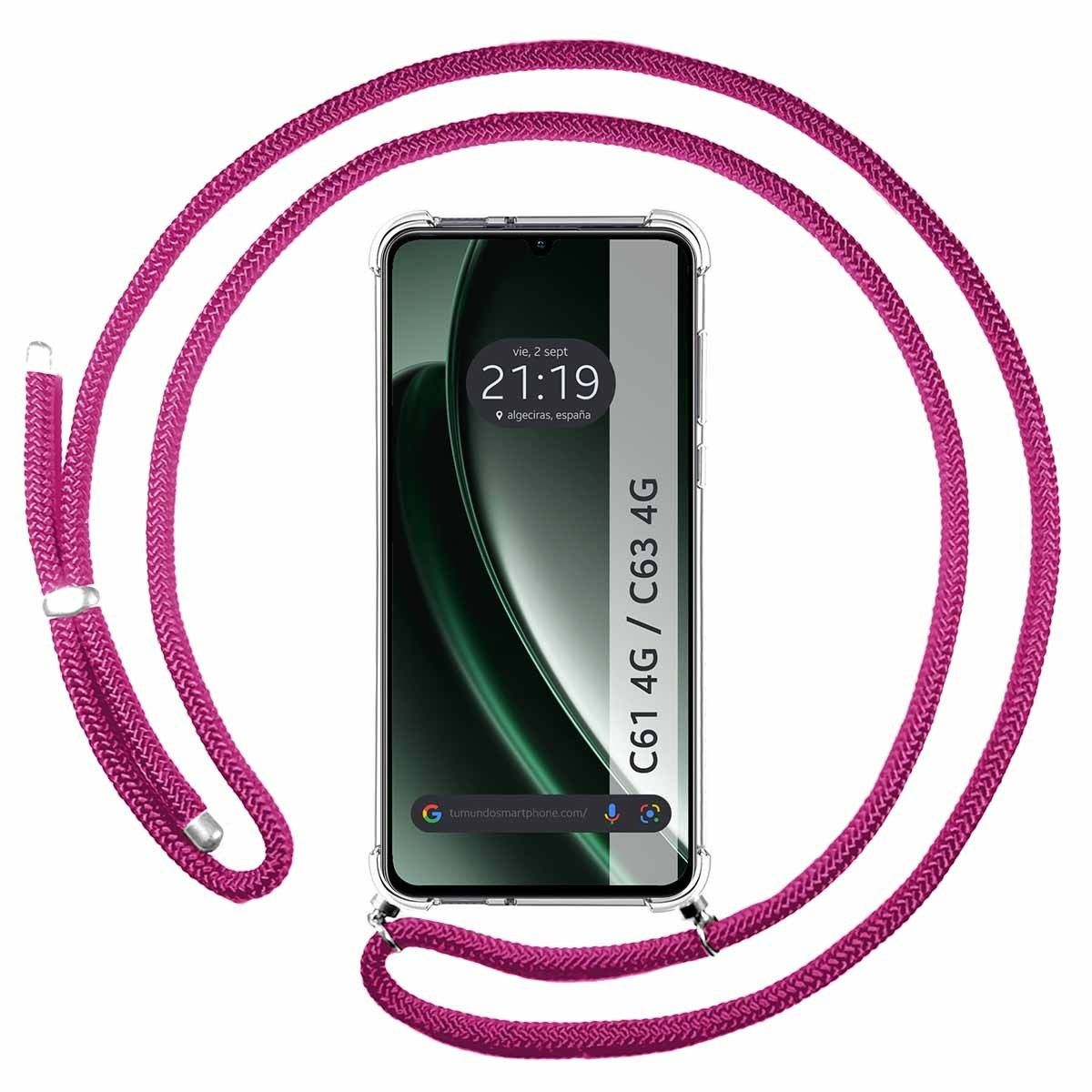 Telefono in custodia trasparente con cordino rosa, che mostra l'orologio. Su sfondo bianco.