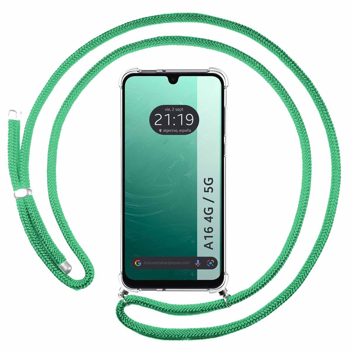 Una custodia per telefono con un cordino verde, abbinata allo schermo del telefono.