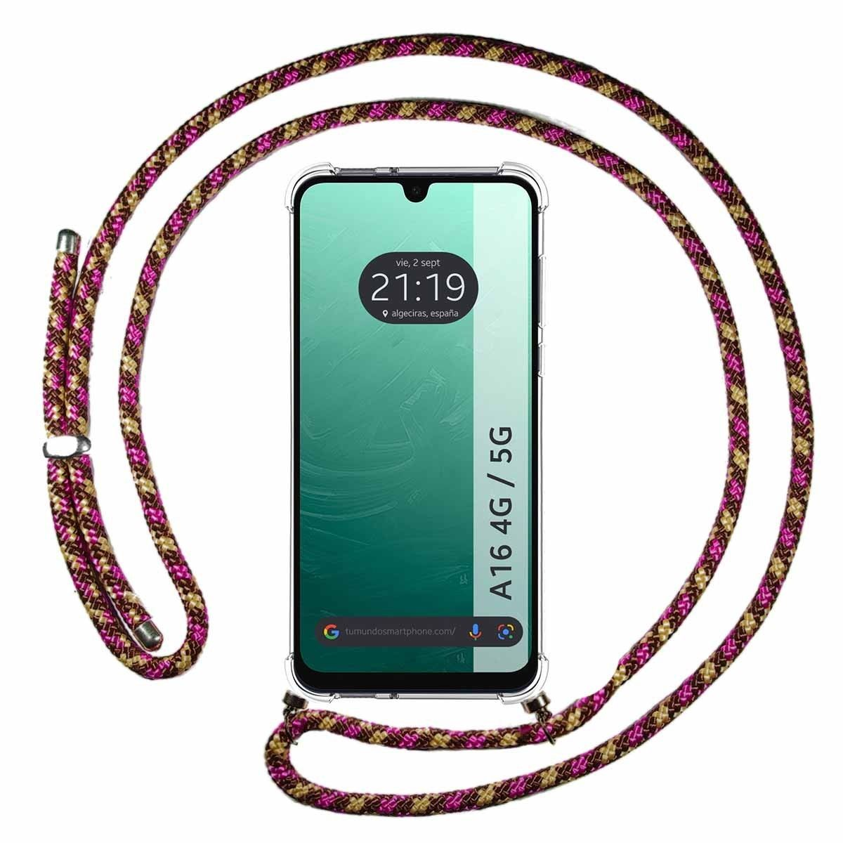 Smartphone con cordino, che mostra l'ora e la scritta 'A16 4G / 5G'.