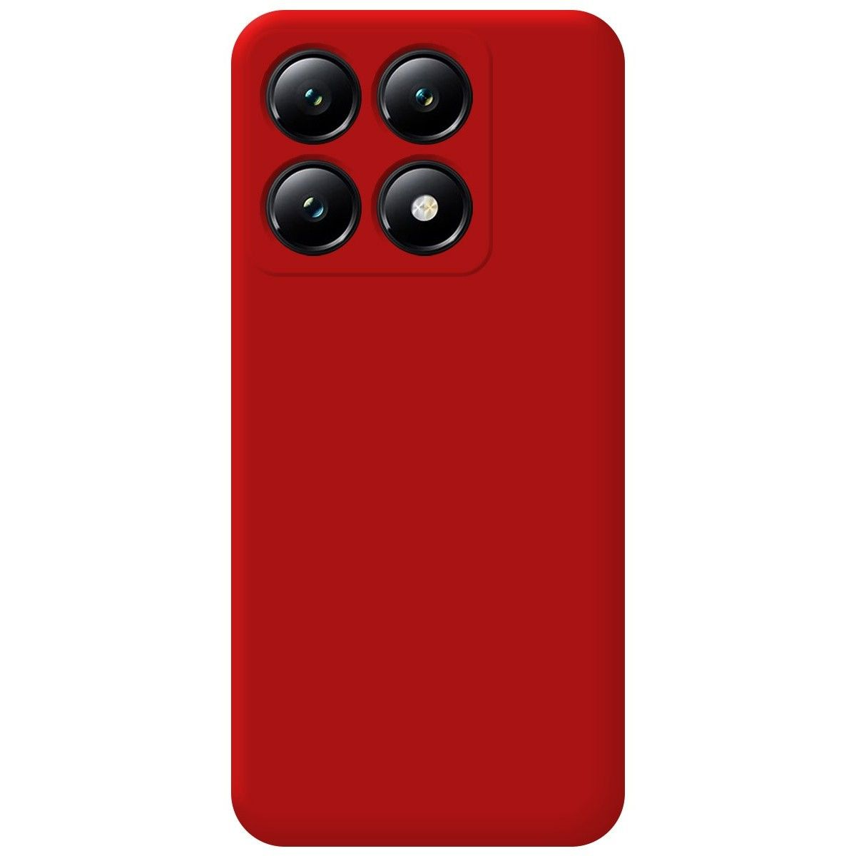 Una custodia per telefono rossa con quattro obiettivi della fotocamera sul retro.