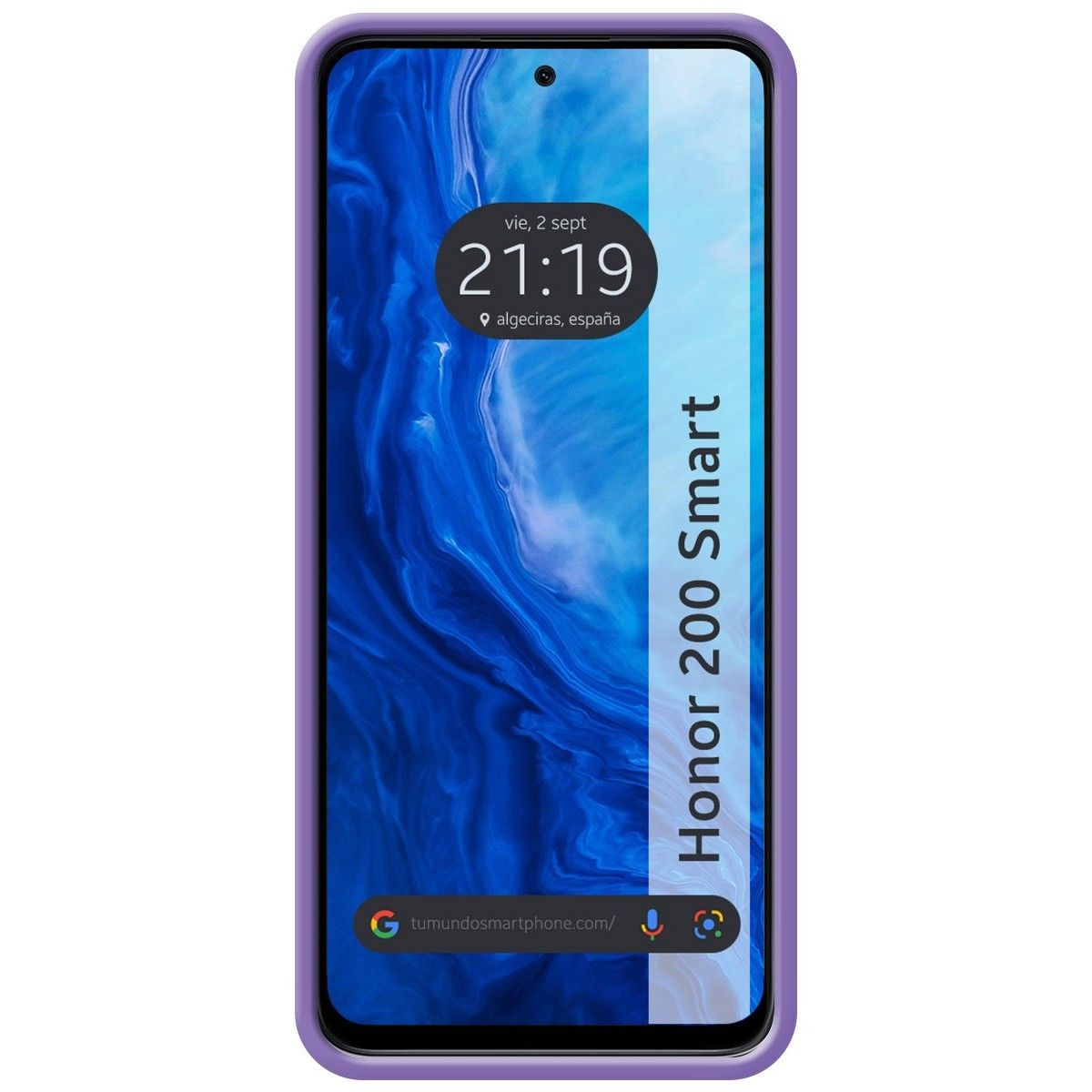 Telefono con bordi viola che mostra ora e data su sfondo blu.