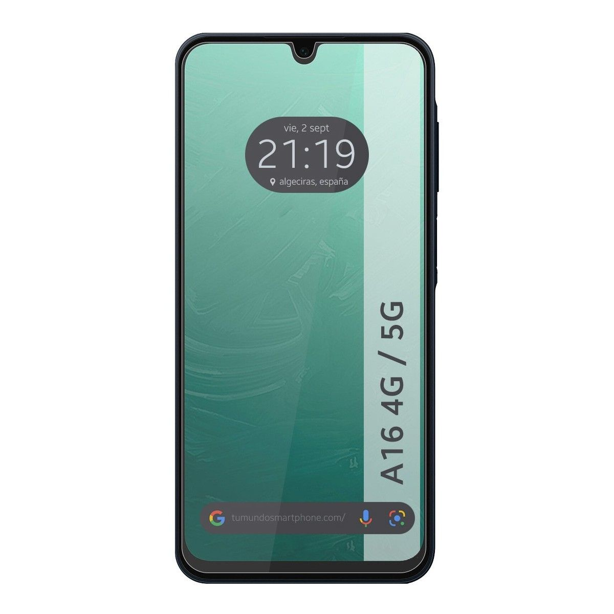 Uno schermo di smartphone visualizza la data e l'ora. Il telefono ha una cornice nera e uno sfondo verde.