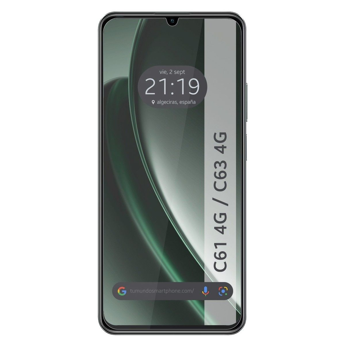 Uno schermo di smartphone che mostra ora e data, con testo "C61 4G / C63 4G" su sfondo sfumato.