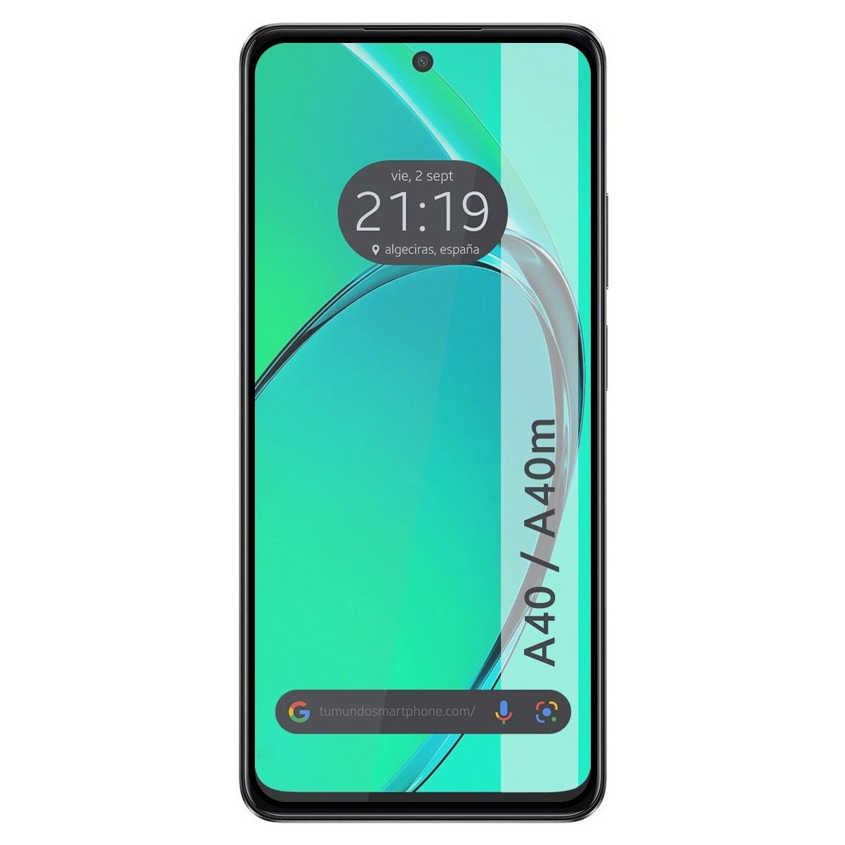 Schermo dello smartphone che mostra ora, data e posizione, con gradiente verde.