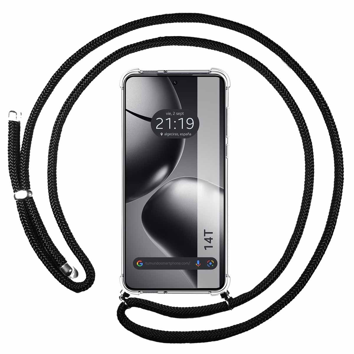 Un telefono in una custodia trasparente con un cordino nero, che mostra ora e data.