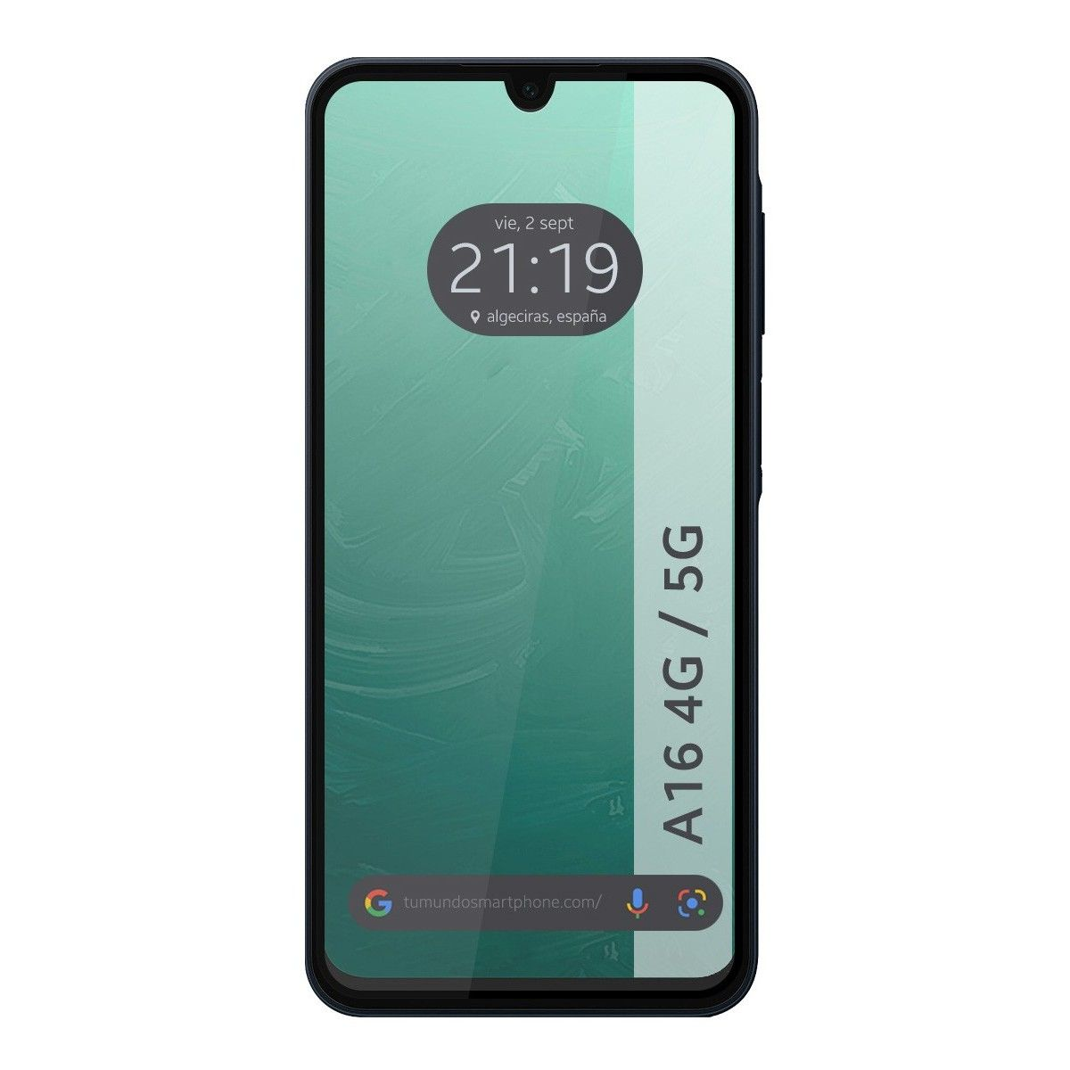 La pantalla del teléfono muestra la hora y la ubicación. El texto A16 4G/5G es visible.