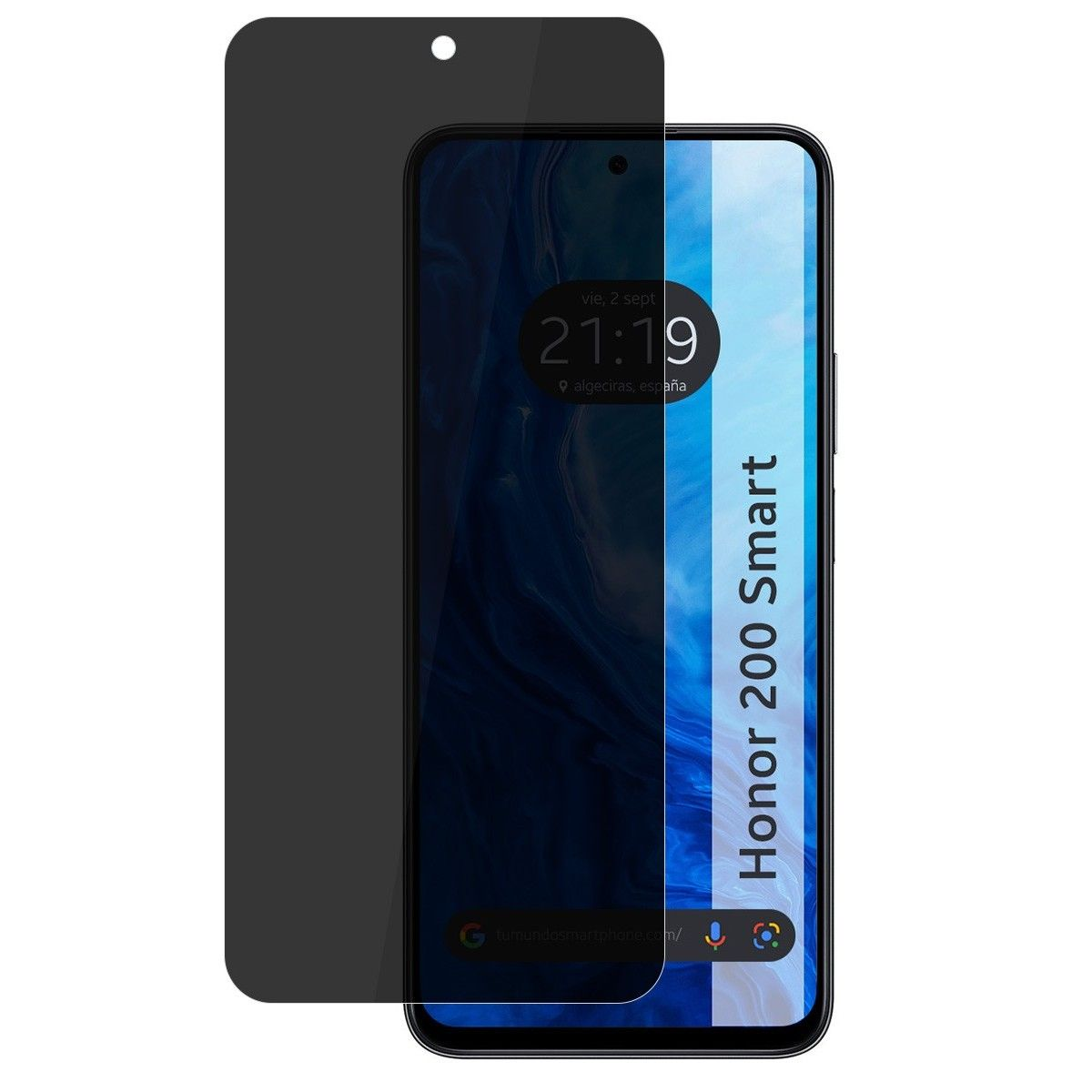 Una protezione per lo schermo sopra lo schermo di un telefono. Lo schermo mostra l'ora e la posizione.