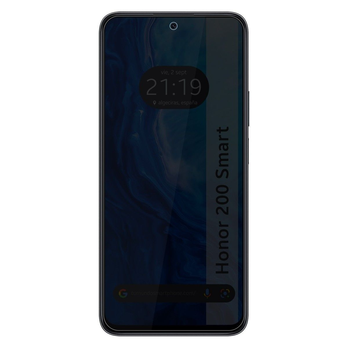 Schermo di smartphone che mostra un orologio digitale e la data. Lo sfondo mostra un design astratto scuro.
