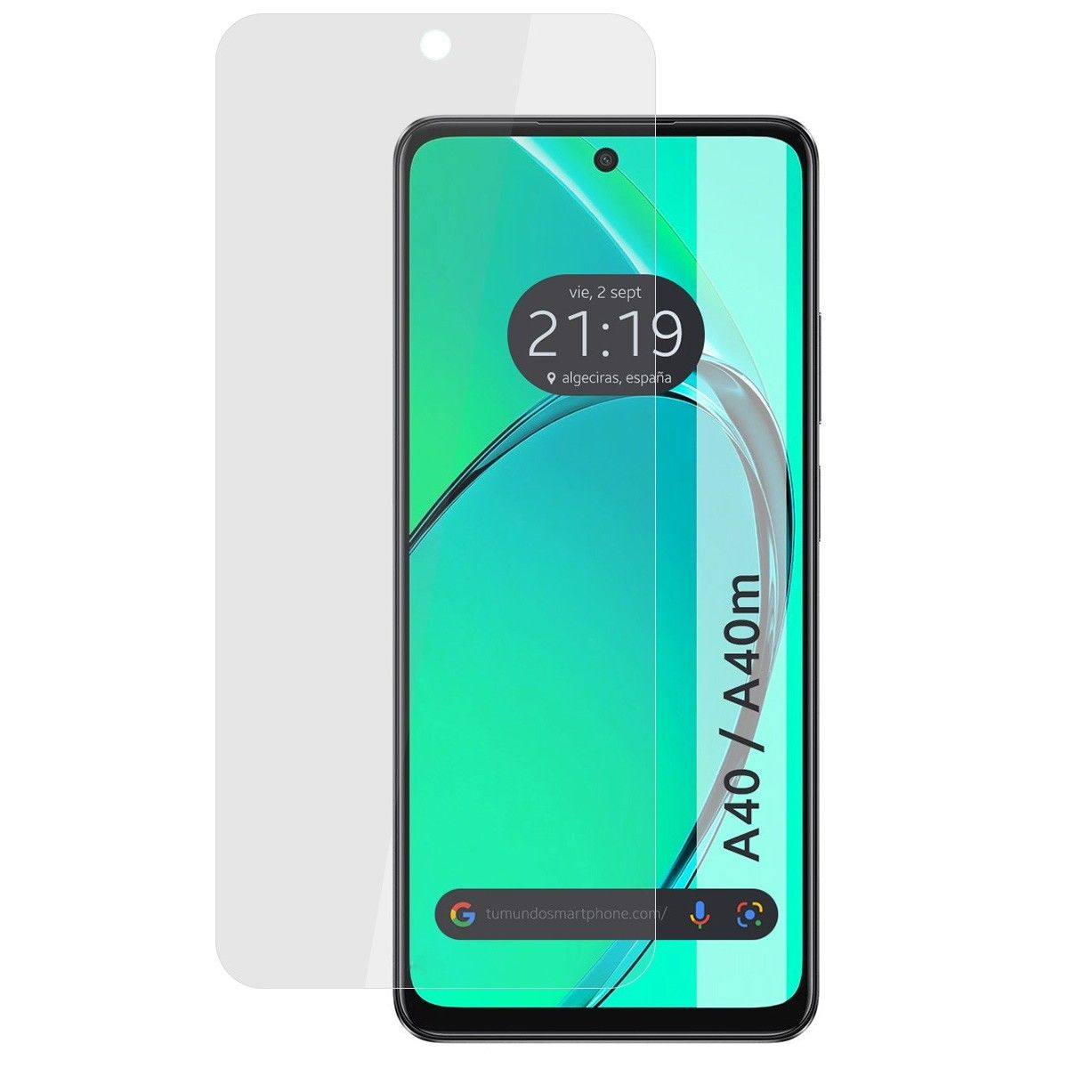 Schermo del telefono con una protezione. Lo schermo mostra l'ora e il modello del telefono.