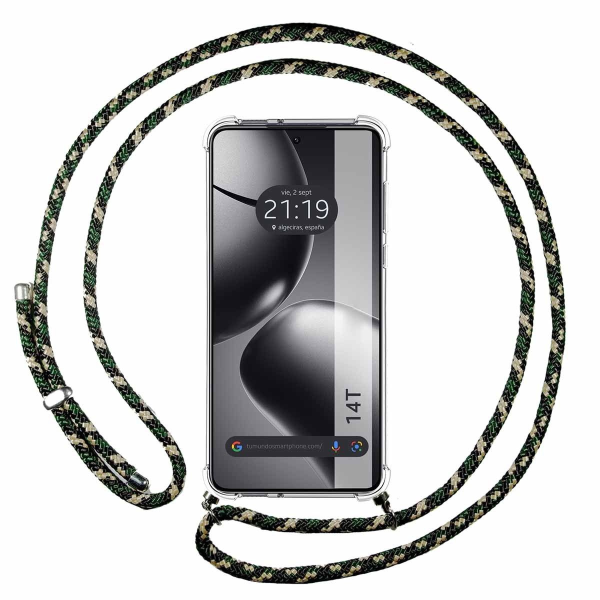 Una custodia per telefono con un design a corda verde e nera. Lo schermo del telefono mostra l'ora e la posizione.