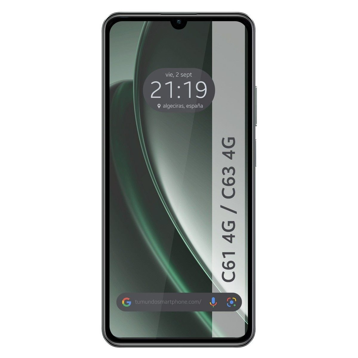 Schermo dello smartphone che mostra ora, data e posizione con gradiente grigio.