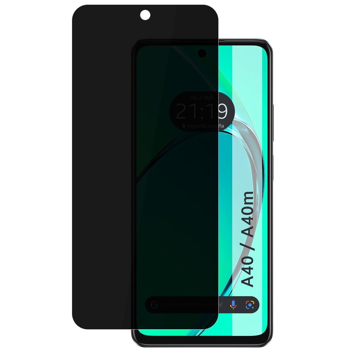 Smartphone con protezione schermo, lo schermo mostra un orologio e Algeciras.