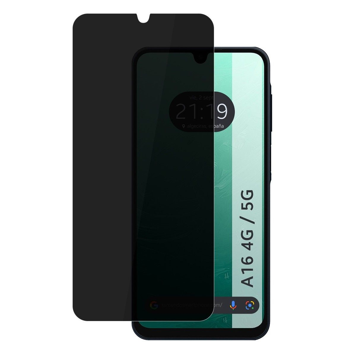 Smartphone con protezione schermo. Ora: 21:19. Testo: A16 4G/5G.