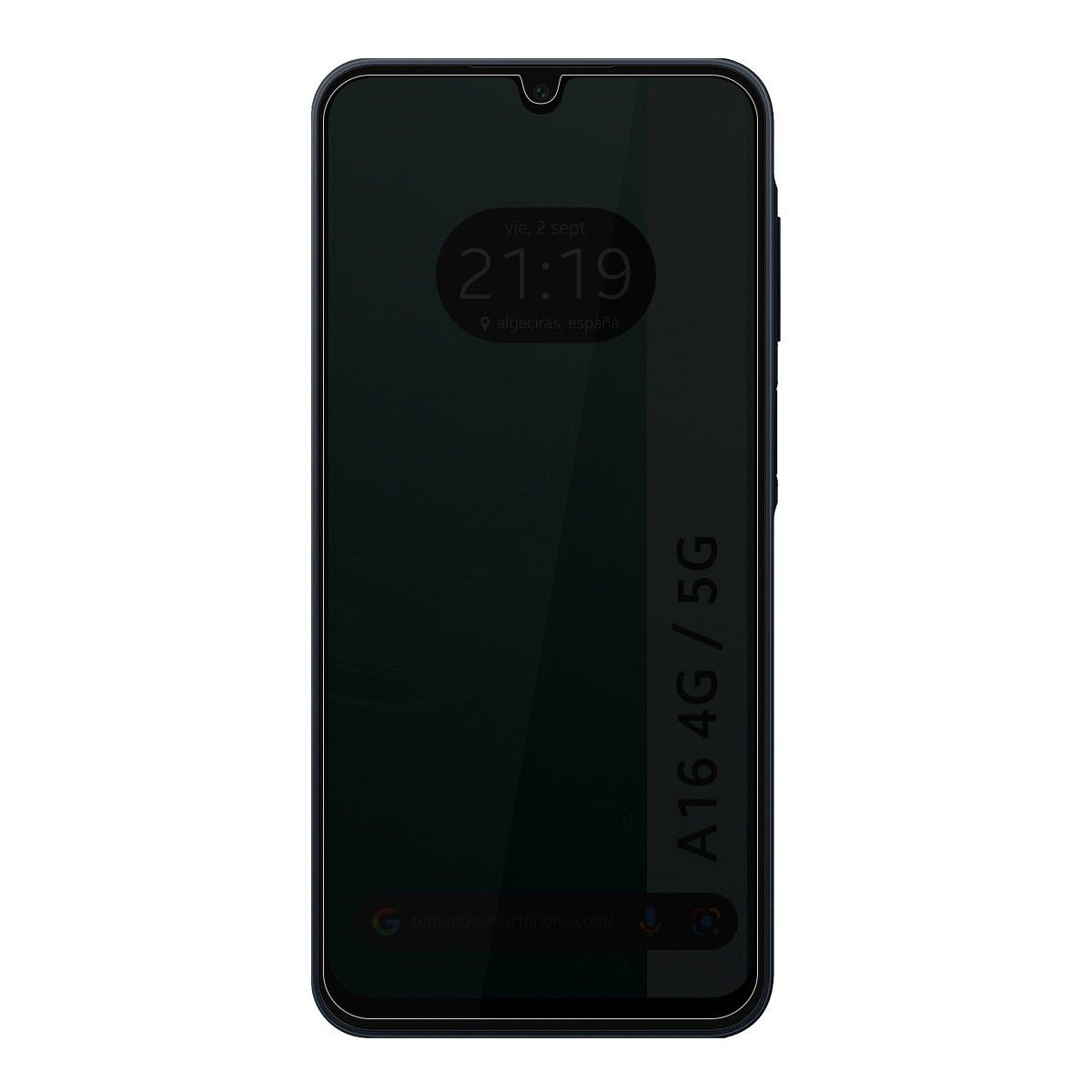 Schermo smartphone con sfondo nero, che mostra ora e luogo.