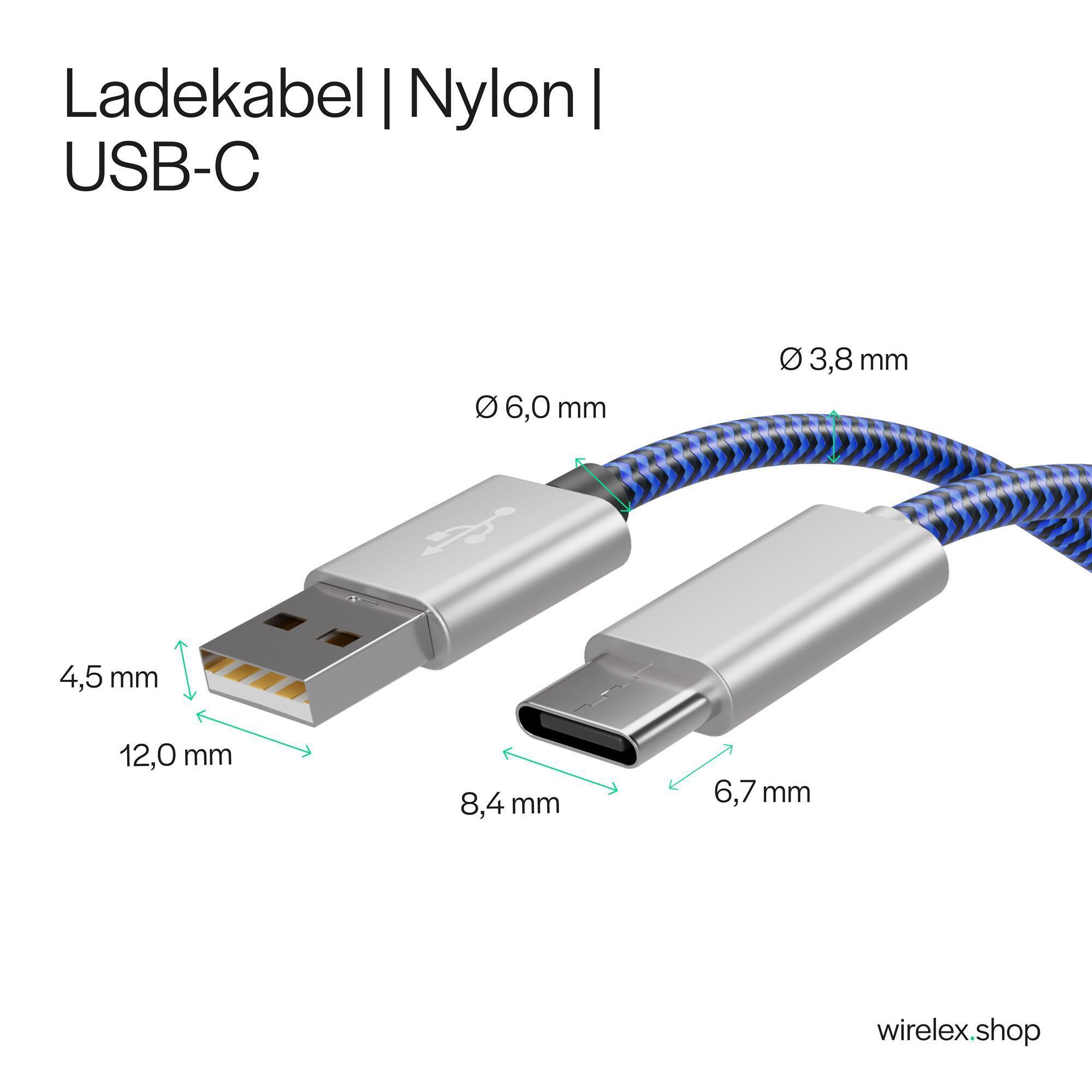 Ein USB-zu-USB-C-Ladekabel. Das Kabel ist blau und schwarz. Messungen und Abmessungen werden angezeigt.