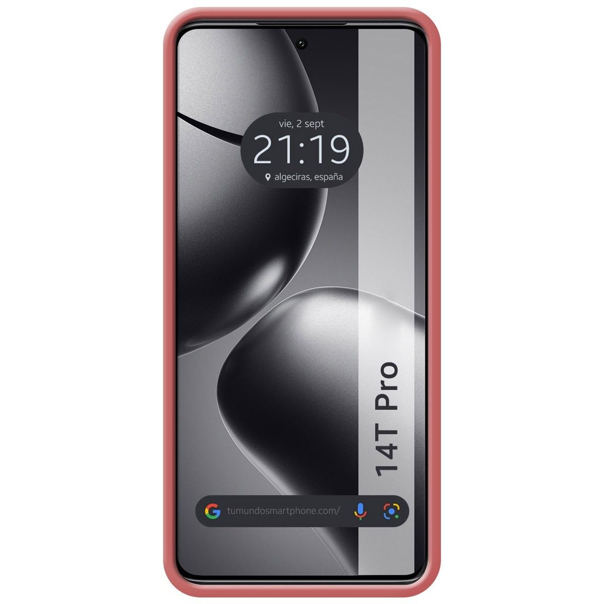 Schermo del telefono con ora e posizione visualizzate. Il telefono ha una custodia rossa.
