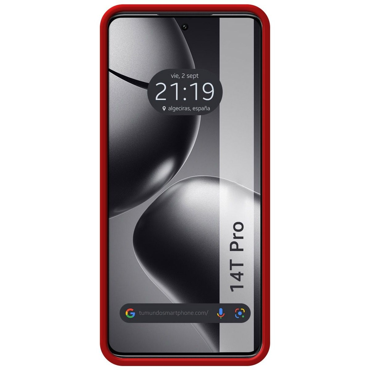 Custodia per telefono con schermo che mostra ora e posizione. Il telefono ha un bordo rosso.