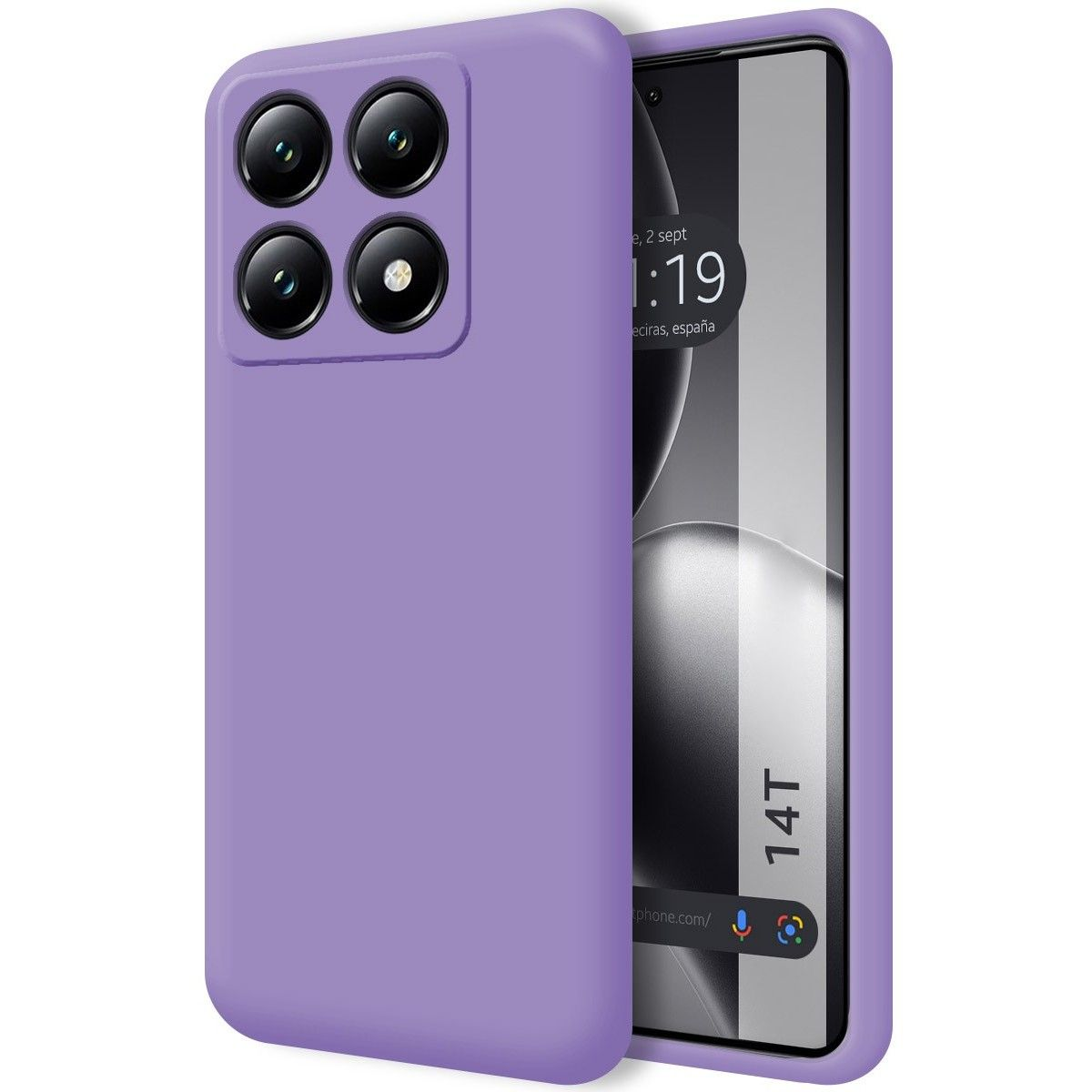 Custodia del telefono con un colore viola pieno. La parte posteriore del telefono è viola chiaro. Schermo visibile.