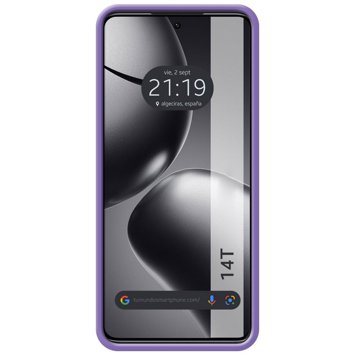 Telefono con custodia viola. Lo schermo mostra l'ora e la data.