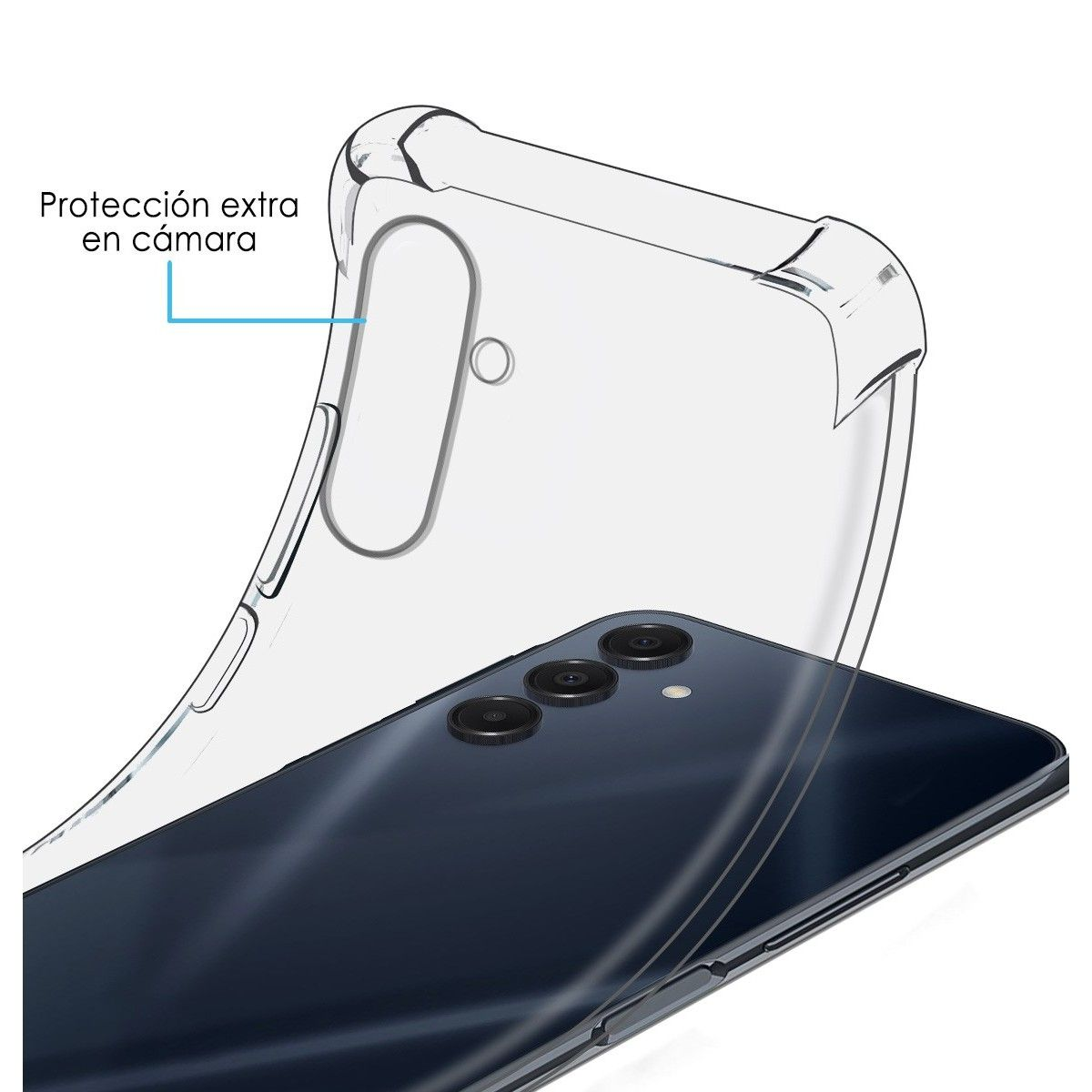 Funda transparente para teléfono sobre uno negro. El texto indica protección extra para la cámara.