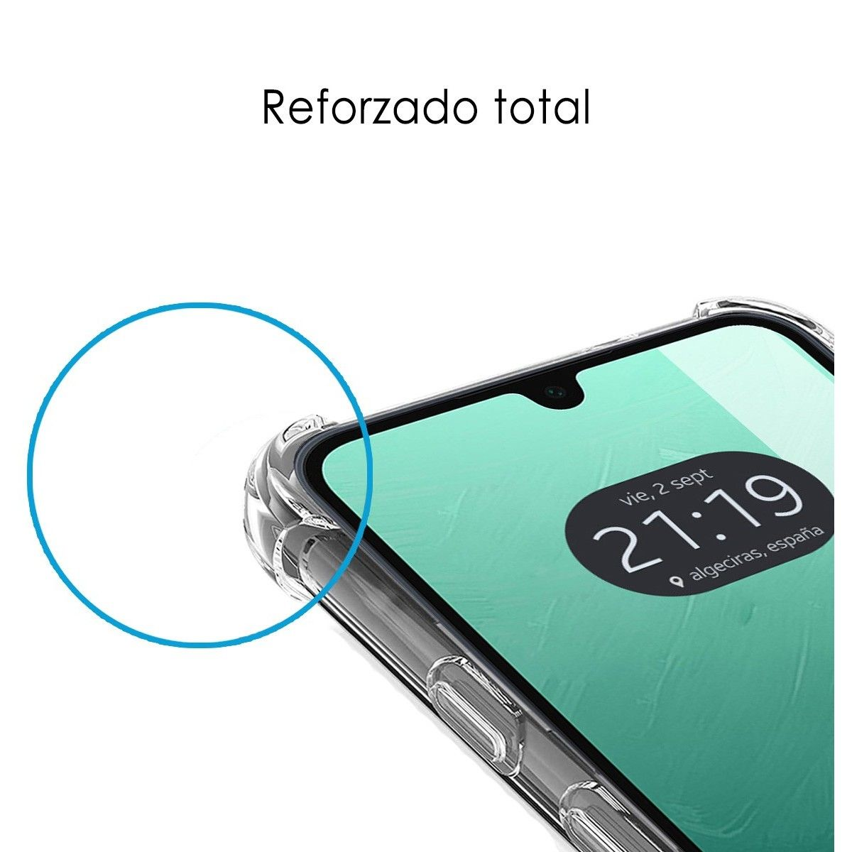 Primer plano de pantalla de teléfono con funda transparente, mostrando fecha y hora. Círculo azul a la izquierda.