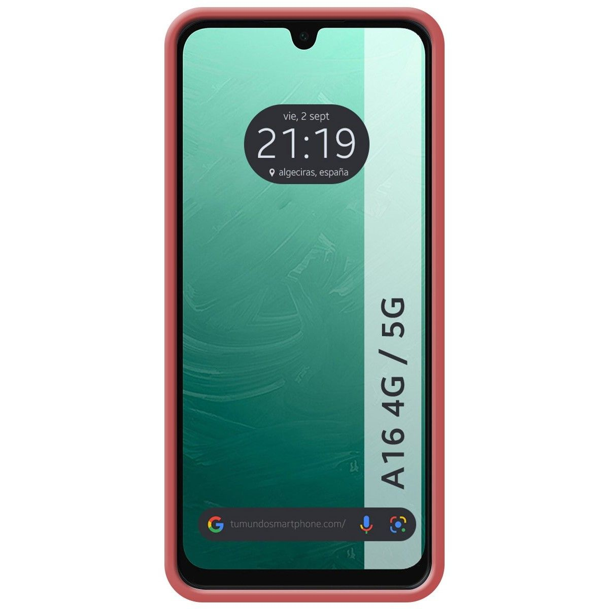 Un telefono rosso con schermo che mostra ora e luogo, in una custodia rossa.