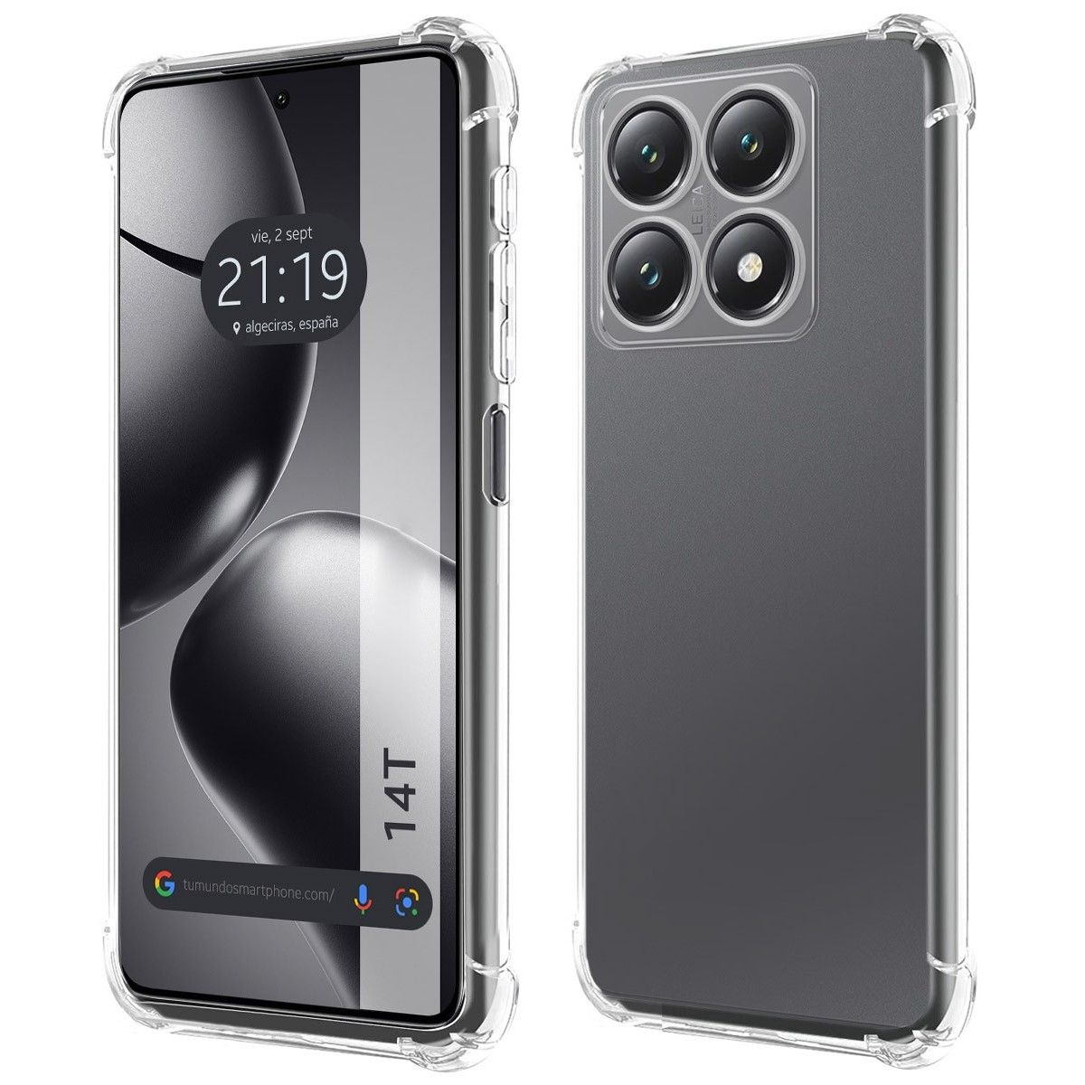 Custodia per telefono con un design nero e grigio e un telefono che mostra l'ora.