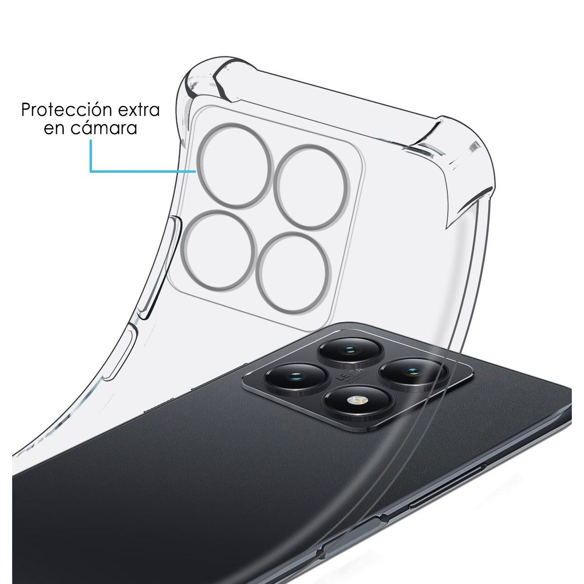 Una custodia trasparente con un telefono nero che mostra gli obiettivi della fotocamera.