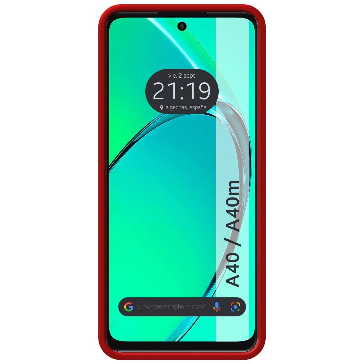 Schermo dello smartphone con ora, data, posizione e gradiente verde, custodia rossa.