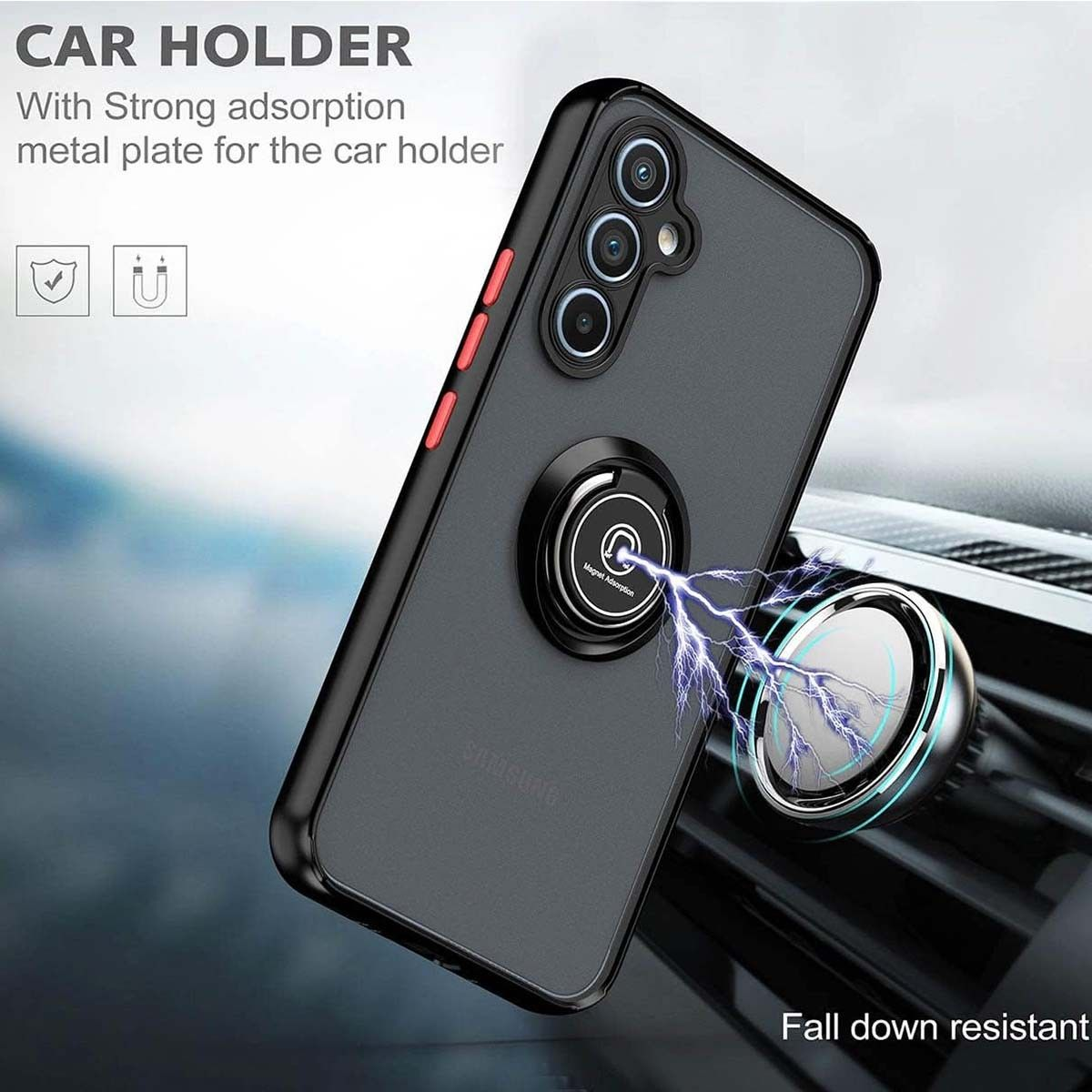 Custodia nera con supporto auto e anello magnetico, con effetto elettrico.