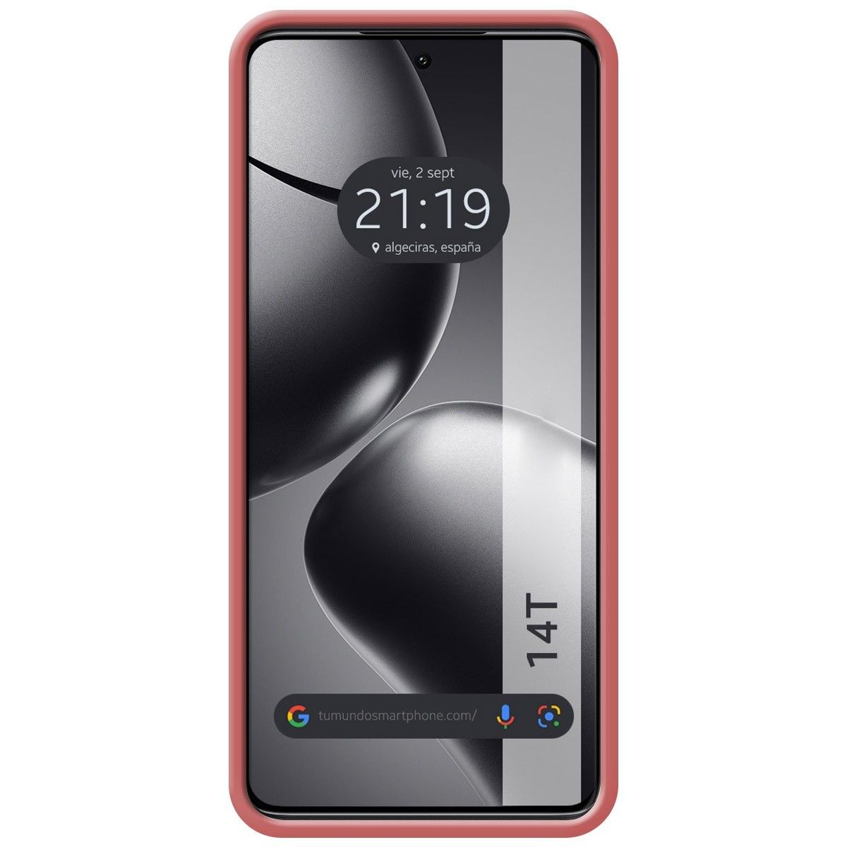 Telefono in custodia rossa, mostra data e ora. La custodia è rossa.